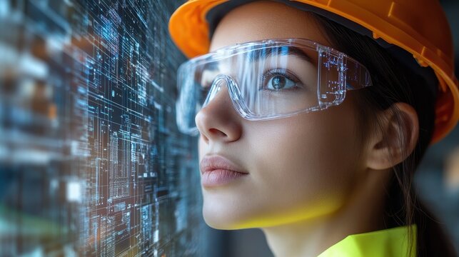 Female Engineer Examining Digital Data on a Holographic Screen