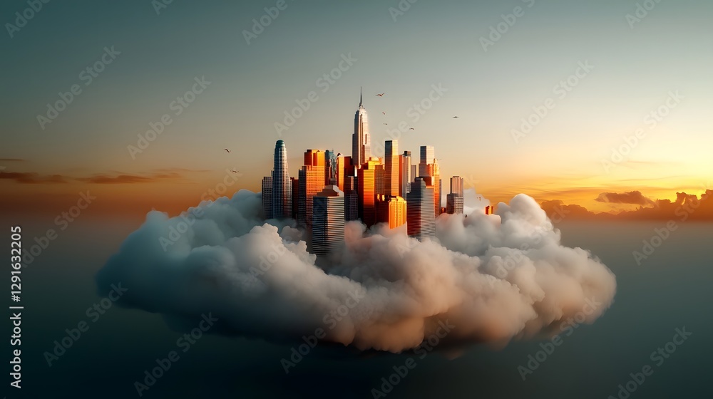 Poster majestic futuristic floating city skyline with holographic skyscrapers and structures hovering above