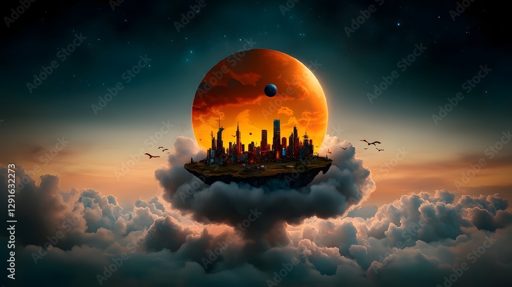 Aufkleber majestic futuristic floating city with holographic structures hovering above the clouds in a dramati