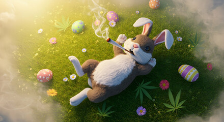 Relaxing Easter Bunny Lying on Grass Surrounded by Decorated Eggs