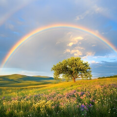Rainbow over field and meadow, beautiful rural spring scenery