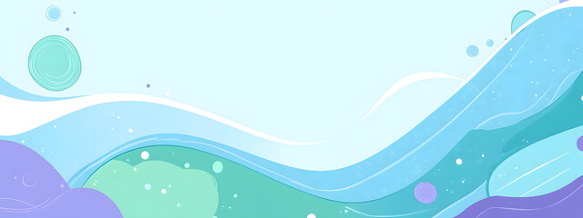 Blue and green background with waves, bubbles, cartoon-style shapes, flat design

