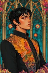Elegant Young Man in Ornate Clothing before Gothic Architecture