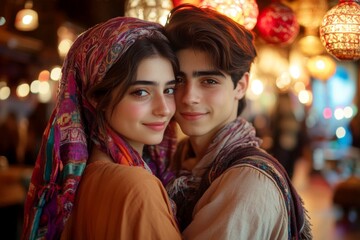 Valentine's day, lovebirds couple: breathtaking striking image of loving middle eastern adolescent couple. Commercial ad concept art creative concept art. Sign of love and affection. Cute love.