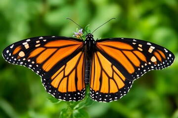 Obraz premium Vibrant Monarch Butterfly Perched on Green Foliage in Nature