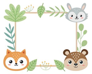 Naklejka premium cute animal frame, with a fox, rabbit and bear smiling. Around the animals there are green leaves and a branch