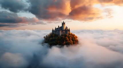 Fototapeta premium Majestic medieval castle towers rise majestically from the fog shrouded landscape creating a captivating and ethereal scene that evokes a sense of fantasy and wonder
