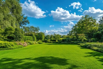 Lush Green Lawn Surrounded by Vibrant Trees and Clear Blue Sky with Fluffy Clouds
