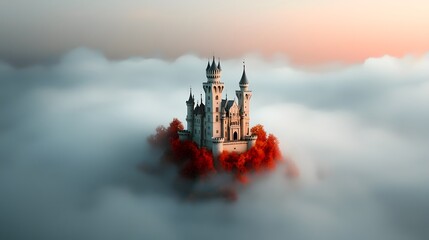 Majestic medieval castle towers rise up on both sides surrounded by mysterious fog rolling through the scene at dramatic dusk or dawn  The fantastical fairytale like landscape creates a captivating