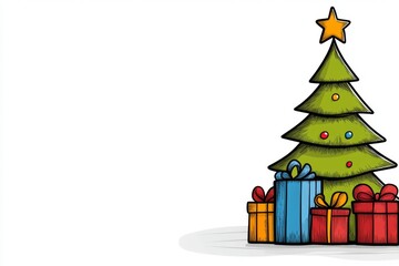 a 2D cartoon illustration of a Christmas tree with decorations and gifts, festive and warm, white background