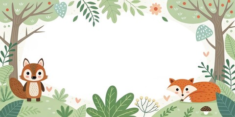 Naklejka premium cute cartoon illustration of foxes in a whimsical forest scene. There are two adorable foxes. One fox is standing while the other is lying down. The forest is filled with trees and bushes.