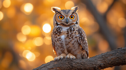 Majestic Owl Perched on a Branch with Golden Bokeh Background