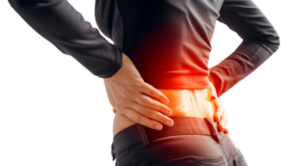 Young woman with waist and stomach pain, isolated on white background