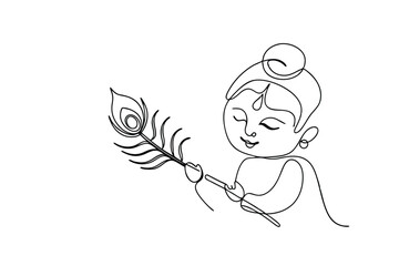 Hindu Deity Krishna OneLine Drawing Peacock Feather Art