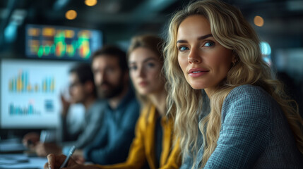 Diverse business team brainstorming around a conference table, discussing financial technology innovations, whiteboard filled with strategic charts and AI data analysis, professional yet dynamic atmos