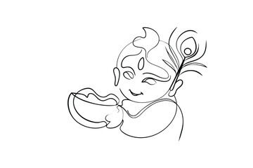 Line Art Drawing of Krishna Holding a Bowl of Offerings