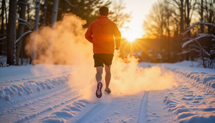 Jogger exhaling mist in winter sunrise, energizing outdoor run