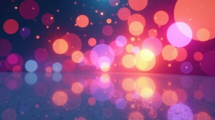 Abstract Festive Background with Glowing Circular Lights Reflecting on a Shiny Surface