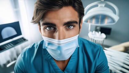 A dentist dressed in scrubs and a mask looks directly at the camera, ready for patient treatment.