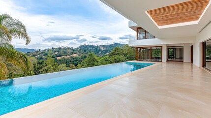 Fototapeta premium Modern house infinity pool hillside view luxury real estate