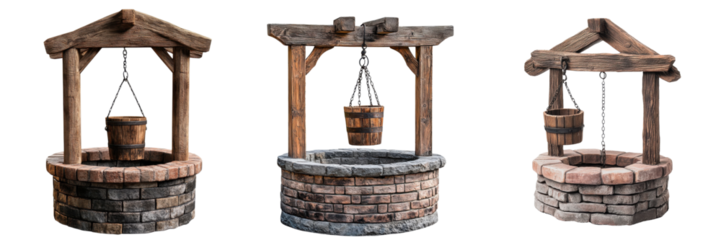 A Set of Distinctive Old-Fashioned Wooden Wishing Wells Featuring Brick-Lined Bases and Enduring Artistry, Radiating Historic Elegance Isolated on transparent Background