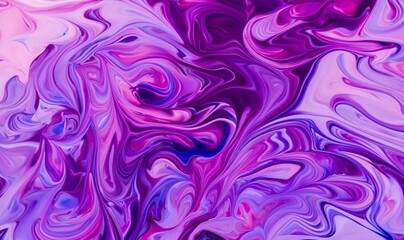Purple liquid background. Beautiful abstraction of liquid paints in slow blending flow mixing together gently. Creative abstract mixed purple color painting with marble liquid effect panorama.