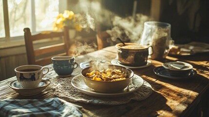 Fototapeta premium Warm Morning Meal by the Window Rustic Farmhouse Breakfast Scene