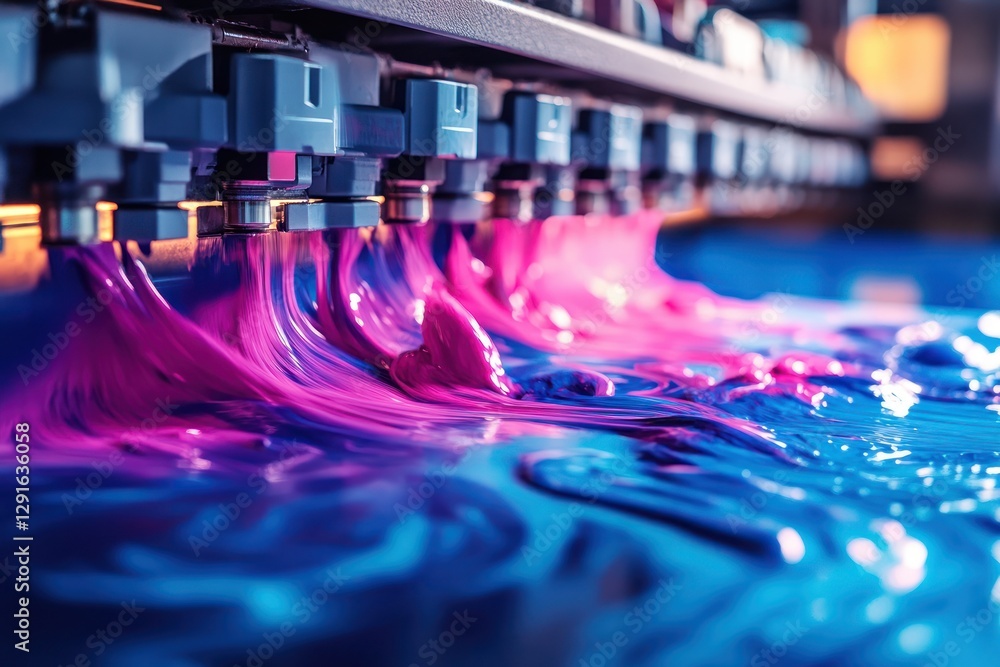 Poster Vivid Flow of Pink and Blue Ink in a Printing Press Machine Creating Colorful Patterns
