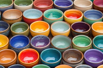 A vibrant collection of colorful ceramic bowls arranged in a visually appealing pattern, showcasing a variety of hues and sizes.