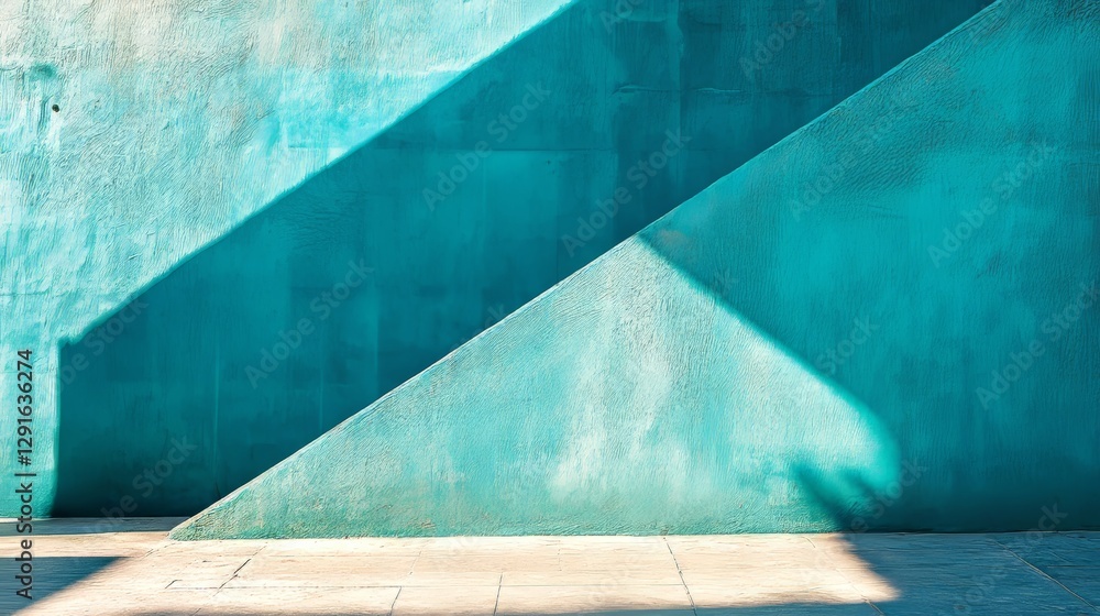 Poster shadows cast by sunlight create geometric patterns on a turquoise wall in a bright and minimalistic 