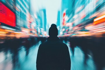 person standing still in the middle of a blurred, fast-moving cityscape, symbolizing isolation, societal pressure, and the struggle to find stability in a chaotic urban environment, with space for tex