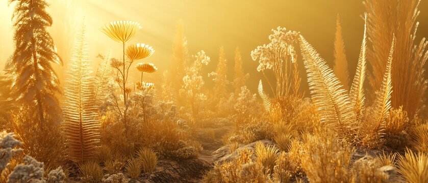 Detailed 3D representation of ancient flora during early day of Earth highlighting large fern specie mammal precursor vegetation transitioning what would later evolve into modern tree flower softly