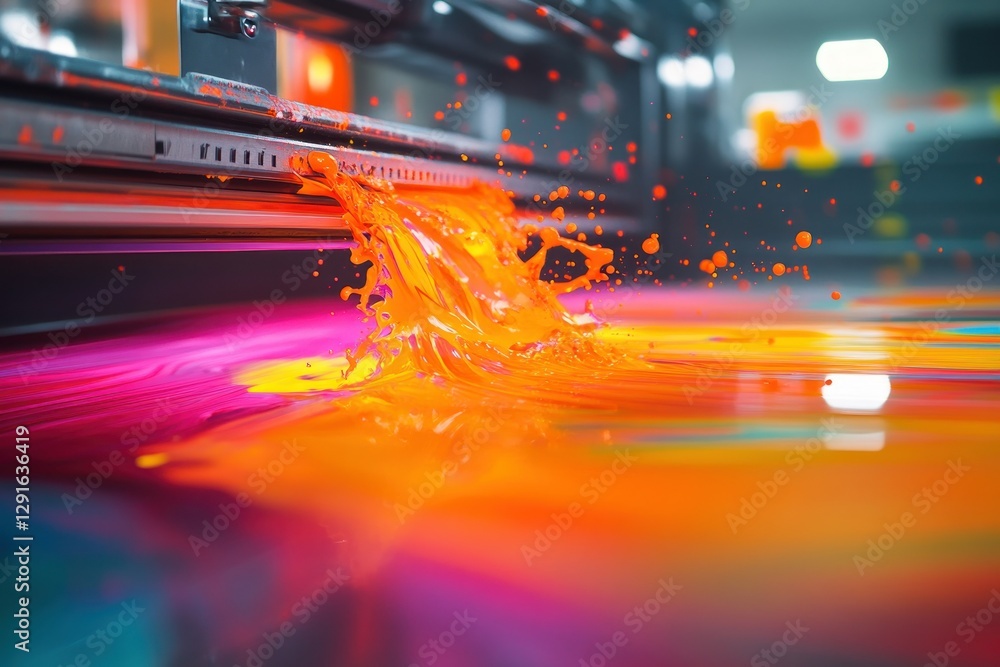 Poster vivid ink flowing from a high-precision printing machine in a modern studio environment