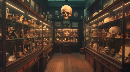 Curiosity's Vault: Interior shot of a dimly lit museum gallery, showcasing historical and artistic objects behind glass cases, beneath a hanging skull.