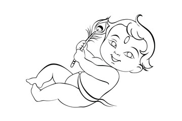 Adorable Baby Krishna Line Art Peacock Feather, Hindu Deity