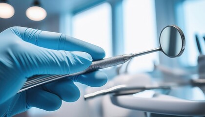 A gloved hand holds a dental mirror, showcasing essential tools for oral health and hygiene.