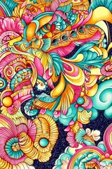 Psychedelic Floral Pattern Vibrant Abstract Art with Swirls and Curls