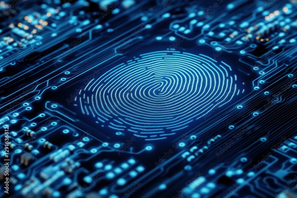 Poster digital fingerprint on circuit board background representing cybersecurity and identity protection