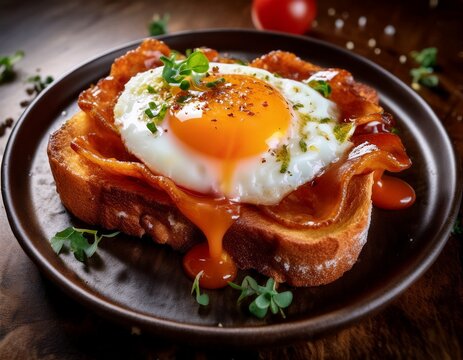 Fotograf&iacute;a de estudio profesional una rebanada de pan tostado con salsa de tomate rallado, una loncha de bac&oacute;n y un huevo encima,estilo ultrarrealista, realista, 4k