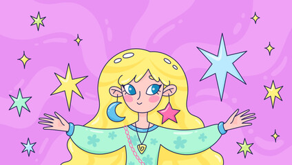 cartoon blond girl with stars , character design in kawaii style