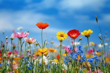 Fototapeta premium Vibrant Wildflower Meadow Under Bright Blue Sky on a Sunny Day in Spring Season