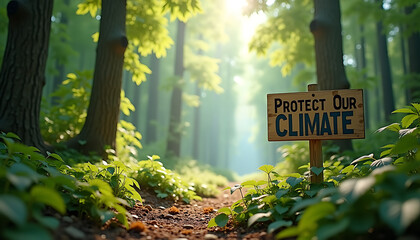Vibrant green forest with sunlight filtering through the trees for International Climate Day, wooden sign reading "Protect Our Climate"
