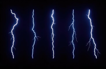 Five lightning bolt isolated on black background, showcasing nature raw power and atmospheric electricity. collection of five unique lightning strikes, each with its own shape and intensity
