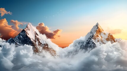 Majestic snow capped mountain peaks piercing through dramatic cloudy sky at sunset creating a captivating and landscape  The tranquil and serene atmosphere evokes a sense of wonder and in the viewer