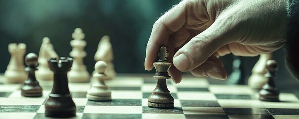 An image of a hand making a chess move. A close-up of a game of chess. Use for business, leadership and competition themes