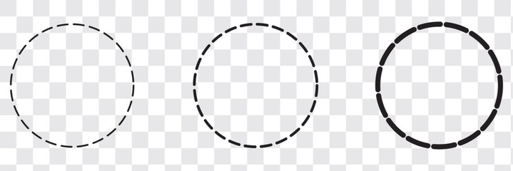 Set of circle shapes with dashed lines, Dashed and dotted circle icon. Black and white broken rings. Dotted round lines, Cut here pictograms for coupons or tags. Vector outline.