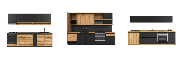 A Set of Stylish Black and Wooden Kitchen Cabinet Visuals Showcasing Built-in Stove and Sink, Fusing Modern Aesthetics Isolated on transparent Background