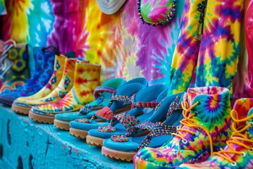 Fototapeta premium Vibrant, psychedelic boots add a splash of color to a market stall, capturing the essence of a lively street market