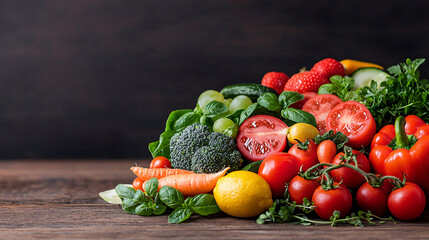 Abundance of Colorful Fresh Vegetables and Fruits on Wooden Table Healthy Food Still Life Concept