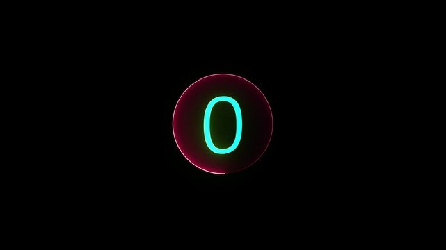Neon number 0 animation, neon numbers. Dark background. A mask  circle with a red neon icon on a black background and the text 0 in the middle of it.
